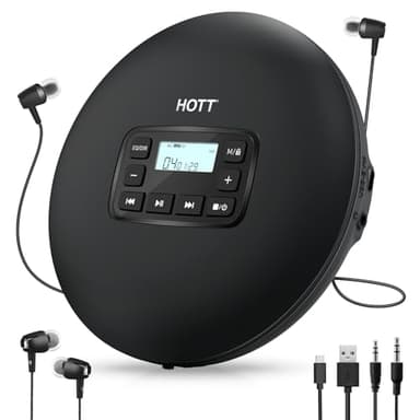 HOTT C204 Basic Portable CD Player with Anti-Skip Protection - AA Battery Powered, Compact CD Players MP3/CD-R Compatible, Built-in Headphones & AUX Output for Car