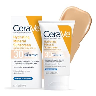 CeraVe Hydrating Mineral Sunscreen SPF 30 with Sheer Tint, Tinted Mineral Sunscreen with Zinc Oxide & Titanium Dioxide, Blends Seamlessly For Healthy Glow, Light, 1.7 Oz