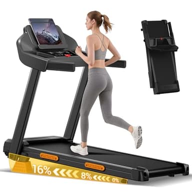 16% Incline Treadmill with Handle, 4-in-1 Foldable Treadmill with Triple-Screen Console, 3.0HP Quiet Brushless Treadmills for Home and Office Use, 400 LBS Capacity