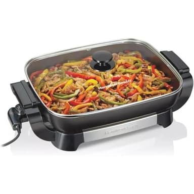 Hamilton-Beach 20.5" x 12.5" x 7.5" Durathons Ceramic Reversible Nonstick Electric Skillet, Large Cooking Surface, Adjustable Temperature Control, Easy Cleaning, Glass Lid, Black