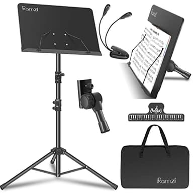 Ramzi Music Stand For Sheet Music 5 In-1 Dual-Use Desktop Book Stand , Music Stand Light, Carrying Bag, Sheet Music Clip