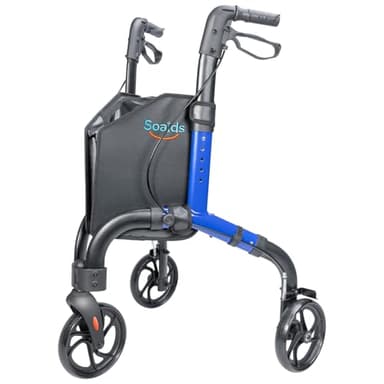 Soaids 3 Wheel Walkers for Seniors with Bag and Hand Brakes, Lightweight Foldable Rollator with Swivel Front Wheel, Adjustable Height, Compact Mobility Aid for Elderly, Indoor Outdoor Use (Blue)
