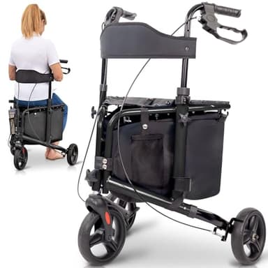 Vive 3 Wheel Walker with Seat - Tri Rollator Walker for Seniors and Adults - Lightweight and Foldable, with Seat, Brakes and Wheels - Narrow for Tight Spaces and Small Doorways - All Terrain