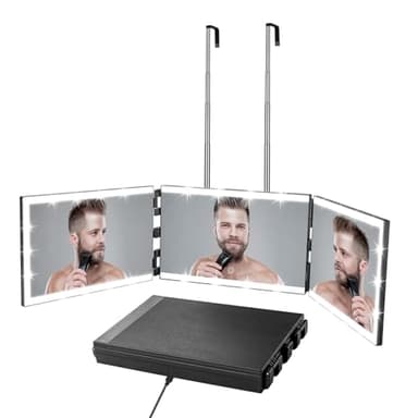 Vanexiss Rechargeable 3 Way Mirror for Self Hair Cutting-to See Back of Head, Trifold Mirror with 8 Light Strips & Telescoping Hooks for Makeup, Shaving & Styling