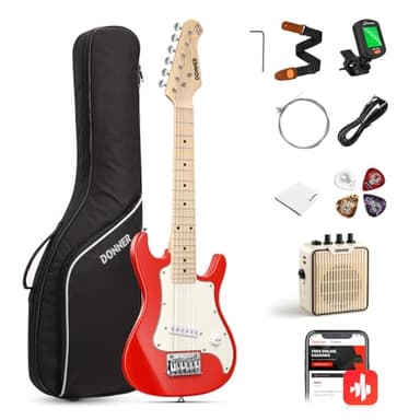 Donner 30 Inch Kids Electric Guitar Beginner Kits ST Style Mini Electric Guitar for Boys Girls with Amp, 600D Bag, Tuner, Picks, Cable, Strap, Extra Strings, DSJ-100, Red