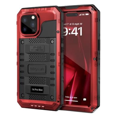 Mitywah Waterproof Case for iPhone 14 Pro Max, Heavy Duty Shockproof Case with Built-in Screen Protector, Full Body Underwater Protective Metal Case 6.7 inch, Red