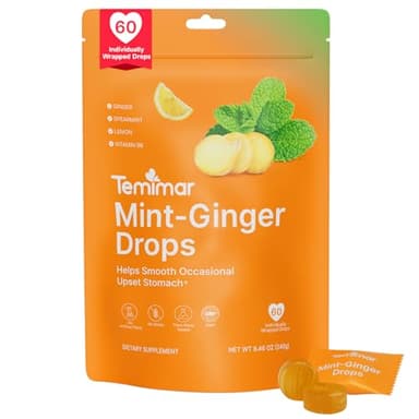 Temimar Mint-Ginger Drops for Nausea Relief, Ease Motion Sickness for Travel & Morning Sickness Relief for Pregnant Women, with Ginger Lemon, Spearmint & Vitamin B6, 60 Individually Wrapped Candies