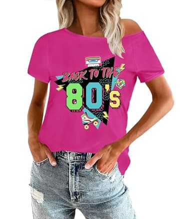 OCURHU 80s Costumes for Women Back to The 80's Off Shoulder Top Disco 80s 90s Theme Party Outfit Neon Pink S