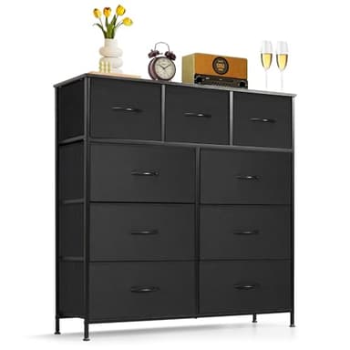 9-Drawer Dresser for Bedroom, Anti-Tip Tall Storage Organizer Chest of Drawers with Wooden Top and Metal Frame Fabric Bins for Closet, Living Room, Hallway, Entryway, Black