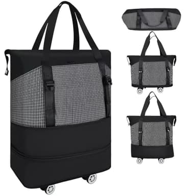 WENNIIWN Expandable 3-layer Rolling Duffel Bag with Wheels, 35L-60L Foldable Carry on Luggage with Removable Wheels, Wheeled Under Seat Duffel Bag for Women & Men Weekender & Business Trip