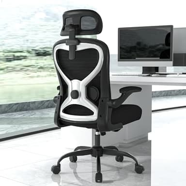 Ergonomic Office Chair, Mesh Desk Chair with Headrest, Lumbar Support, Thick Seat Cushion, Flip-up Arms, High Back Computer Task Chairs for Home Office, Black/Silver