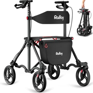 Rollator Walkers for Seniors with Seat, Foldable Travel Rolling Walker, 300lbs Capacity, lightweight Compact Portable Walker with Seat,Adjustable Height for Tall over 6ft,8" Big Wheels(Standard Model)