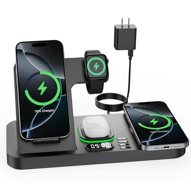 Dual Phone Wireless Charging Station for Apple Devices, Magnetic Charging Station for iPhone with Auto Switch 7-Color Light&Clock, Family Watch Charger for iPhone17 for iWatch11 for AirPods Pro3(Black
