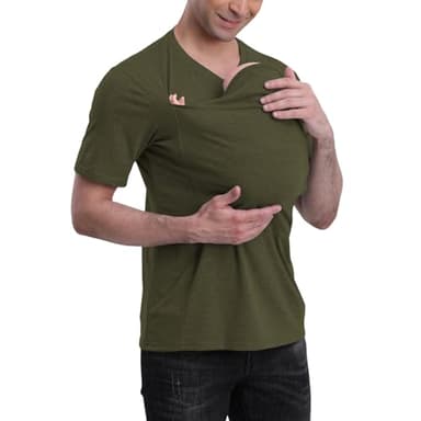 Kangaroo Shirt for Dad and Baby, V Neck Short Sleeve Kangaroo T Shirt Dad Baby Wearing Shirt with Hat-Green-XL