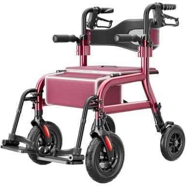 HOMLAND Foldable Walkers for Seniors with Seat, Lightweight 2 in 1 Rollator Walker Wheelchair Combo, 10" All Terrain Transport Chair with Brakes, Adjustable Seat & Handle, 300lb Capacity, Storage Bag
