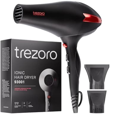TREZORO Professional Hair Dryer, Ionic Ceramic Tourmaline Technology, 2000W Fast Quiet Drying, with Narrow & Wide Concentrator Nozzles, 3 Heat & 2 Speed Settings, Cool Shot Button, Black