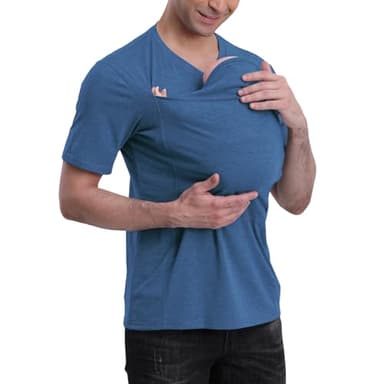 Kangaroo Shirt for Dad and Baby, V Neck Short Sleeve T-Shirts Dad Baby Carrier Shirt with Hat-Blue Hat-L
