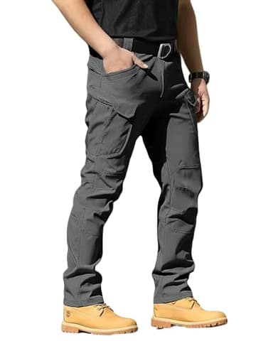 Boonlight Men's Lightweight Tactical Pants, Water Resistant Hiking Cargo Pants with Multiple Pockets for Outdoor (No Belt), Dark Grey