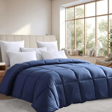 Farm To Home Luxury Comforter Organic Cotton All Season Fluffy Lightweight Down Alternative Machine Washable Comforter for Bedroom, Full/Queen, Navy
