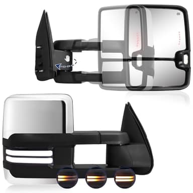 Switchback Towing Mirror Compatible with 2003-2007 Chevy Silverado GMC Sierra Tow Mirrors with Power Adjusted Heated Glass Running Light&Turn Signal Light Backup Lamp Black (Chrome Back)