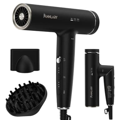 ANNLARY Plasma Ion Hair Dryer with Diffuser for Curly Hair, 110000 RPM Professional High Speed Blow Dryer with Plasma Ion, 1500W Foldable Travel Hairdryer with 6.5 Ft Cord Fast Drying for Women Men