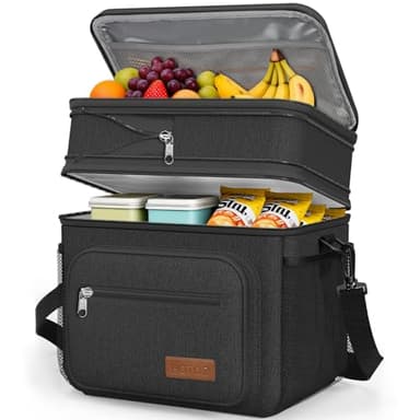 HOTOR Lunch Box for Men & Women - Double-Layer Insulated Lunch Bag with Leakproof Liner, Portable Cooler for Work, Travel, or Picnic, Black, 12L, 11.1" x 9.7" x 6.7"