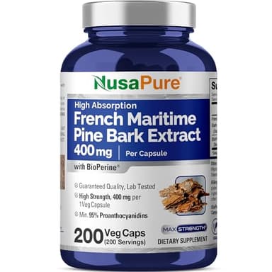 NusaPure French Maritime Pine Bark Extract 400mg per Veggie Caps 200-Day Supply Bioperine Non-GMO Vegan