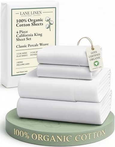 LANE LINEN 100% Organic Cotton California King Sheets Set, 4-Piece Pure Long Staple Percale Weave Ultra Soft Best Bedding Sheets for Bed, Fits Mattress Upto 15" Deep Cal King Sheets- White