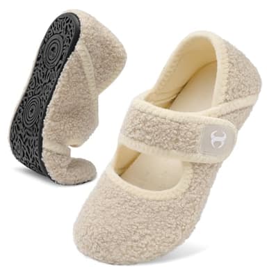 Scurtain Comfy Furry Bedroom Slippers for Women Men Wide Diabetic Barefoot Sock Shoes Slip On Warm Spa Slippers Strap Plush House Slippers Flats Beige Size 8-9 Women/6.5-7.5 Men