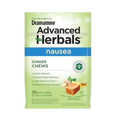 From the Makers of Dramamine, Advanced Herbals Ginger Chews for Nausea Relief, Morning Sickness Relief & Motion Sickness Relief During Travel, Lemon-Honey, 20 Count