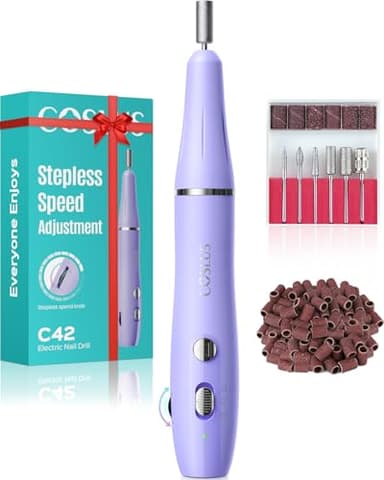 COSLUS C42 Cordless Electric Nail Drill File: Nail Drill Machine with Stepless Speed Knob for Acrylic Gel Dip Powder Polish, Professional Portable Manicure Pedicure Rechargeable for Home Salon Use