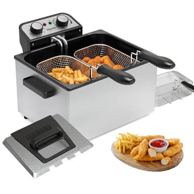 1800W 5 Liters/21 Cups Large Electric Deep Fryer with 3 Frying Baskets, Adjustable Temperature,View Window Lid,Countertop Stainless Steel Body Deep Fryer Pot,Perfect for Kitchen, Fry Fish for Home Use