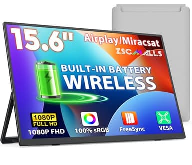 ZSCMALLS Battery Wireless Portable Monitor, 8000mAh 15.6" 1080P IPS USB-C/HDMI Second Screen, Built-in Speakers, Support AirPlay/Miracast for Laptop/Phone/Tablet/Switch/Xbox, Carry Bag Included