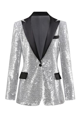 Womens Sequin Blazer Suit Jacket Prom Party Blazer Notch Lapel Sequined Women Jacket Silver XL