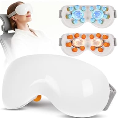 Eye Massager with Heat and Cooling for Migraines – 14 Massage Nodes for Eye Strain Relief, Rechargeable Bluetooth Music, Improve Sleep,Eye Strain Relief, Birthday Gifts for Women and Men(White)