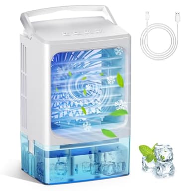 Glimibox Portable Air Conditioners, 3 Speeds 2 Mist Modes Portable AC Unit with 900ml Water Tank,7-Color Lights Evaporative Cooler Blow Cold Air, Mini Car Cooling Fan for Bedroom RV Desk Office Indoor