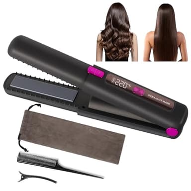 LAMA Portable 2 in 1 Travel Straightener and Curler, Cordless Hair Straightener 4500mAh, Rechargeable LCD Flat Iron, Mini Ceramic Curling Iron,USB Rechargeable Hot Tools, Black+Rose Red