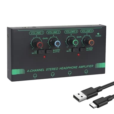 Horse Headphone Amp Amplifier, 4-Channel Metal Stereo Audio Amplifier, Mini Earphone Splitter, 1/4" 1/8" TRS/TS Audio Input and Output for Music Studio, DC 12V(Green&Black)