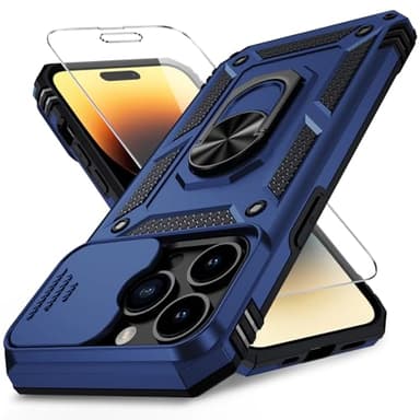 Vinve for iPhone 14 Pro Max Case with Slide Lens Cover HD Screen Protector, Military Grade Drop Protection, Magnetic Rotated Ring Holder Kickstand Protective Phone Case (Navy Blue)
