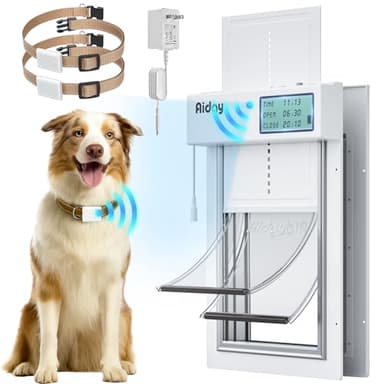 Automatic Dog Door with Collar Sensor, 2-Flap Large Electronic Dog Door for Door with Anti-Pinch, Mains-Powered, LCD Display, Timing Function, Metal Frame- L