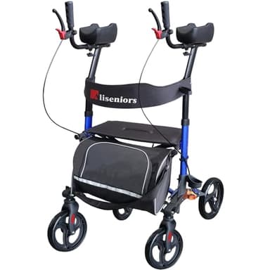 Aliseniors Upright Walker with Seat for Seniors, Extra-Wide Foldable Stand Up Rollator Walker with Padded Armrests, 8" All-Terrain Wheels, Medical Rolling Walkers for Adults, Supports 300lbs, Blue