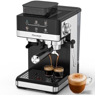 Hausmojo GrindPro 20Bar Espresso Machine with Built-In Grinder & Milk Frother, Professional Compact Stainless Steel Coffee Maker for Espresso, Latte & Cappuccino, Easy Clean, Perfect for Home Use