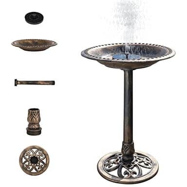 VINGLI 28 Inch Bird Bath with Solar Fountain Antique Copper Weather Resistant Resin Pedestal Birdbaths Floral Accents and Vintage Finish Garden Decor for Outdoor Lightweight Courtyard…