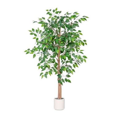 VIVATREES 5FT Artificial Ficus Tree with White Planter, Realistic Faux Silk Indoor Outdoor Plant for Home Office Living Room, Porch, Garden Decor