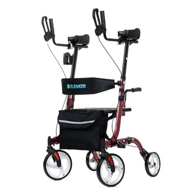 ELENKER Upright Rollator Walker, Stand Up Folding Rollator Walker Back Erect Rolling Mobility Walking Aid with Seat, Padded Armrests for Seniors and Adults, Red