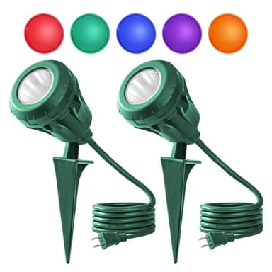 LED Christmas Spotlight Outdoor Plug in, 800LM Waterproof Flood Lights with 5 Extra Lenses (Red Green Blue Purple Orange), 5000K Landscape Light for Yard, Flag, Holiday Decor, ETL Listed, 2 Pack