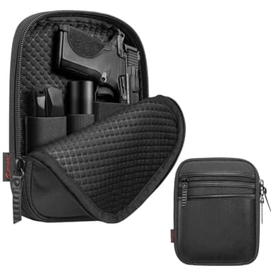 FINPAC Concealed Carry Gun Pouch, Soft Pistol Case Fanny Pack Waist Belt Firearm Bag with Holster for Compact and Subcompact Handgun, Air Gun, Men, Women (Black)