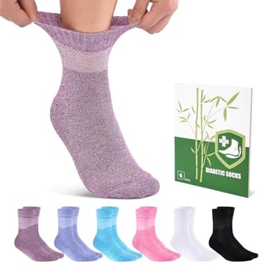 Cirorld Bamboo Viscose Diabetic Socks for Women, 6 Pairs Non Binding Wide Top, Seamless Loose Cushion Socks for Swollen Feet