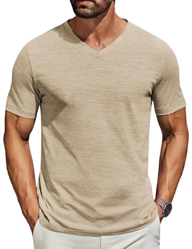 COOFANDY Men's T Shirts Short Sleeve Classic V Neck T-Shirt Casual Summer Basic Tee Shirt Khaki