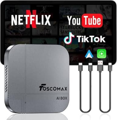 Foscomax 3-in-1 Wireless CarPlay Adapter & Android Auto & Video, AI Box Support Netflix YouTube TikTok, Dual-Band WiFi, Plug & Play, for Cars with OEM Wired CarPlay/Android Auto